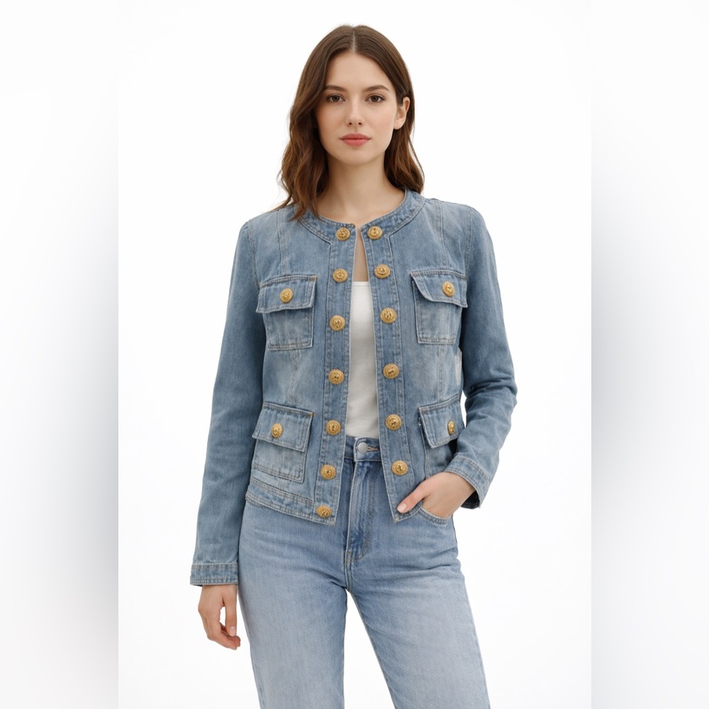 Ma Cherie Light Wash Denim Jacket with Gold Crest Buttons Chic Military Style